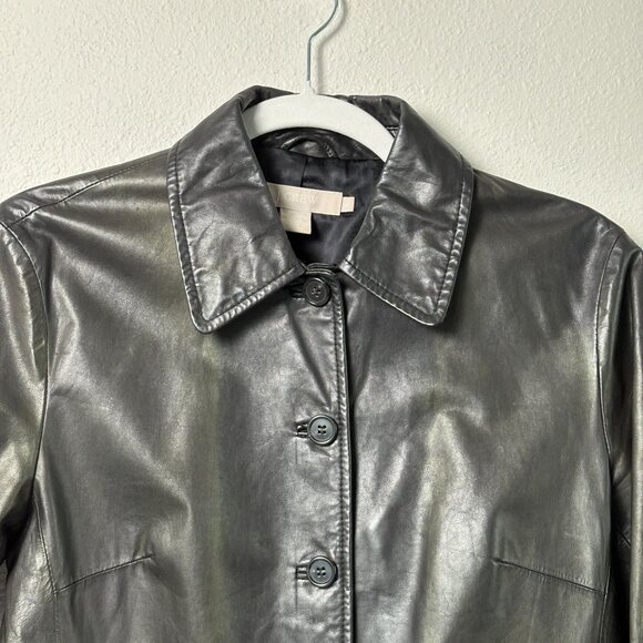 J Crew Leather Jacket Womens S Black Green Iridescent Button Front Pockets - Picture 2 of 11